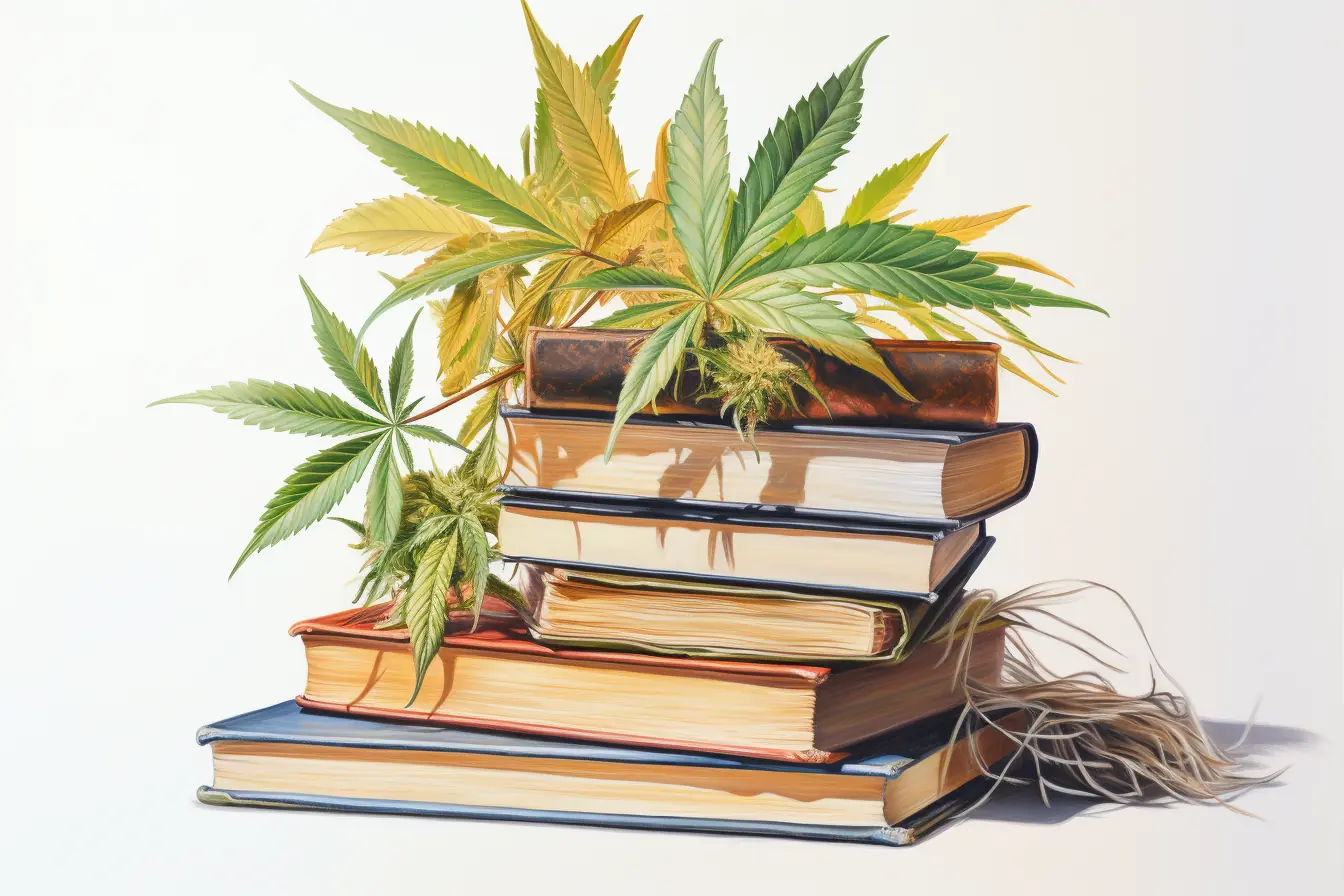 Farbenfrohe Bücher, die das Lesevergnügen fördern, sind unter Cannabis versteckt, einer Pflanze mit vielen Bezeichnungen.